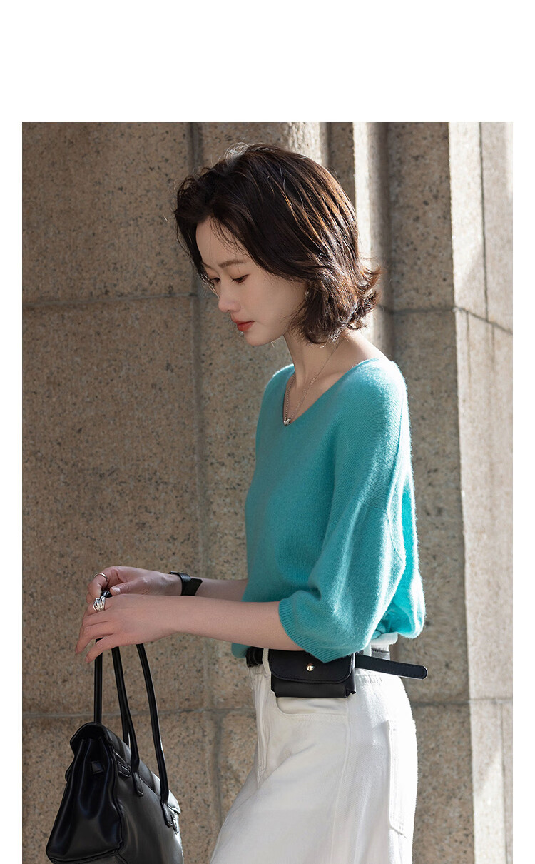 Demana 100% Merino Wool Spring Minimalist V-Neck Short Sleeve Loose Knit Sweater for Petite Women 10