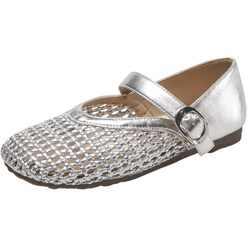 Eierkang Women's Spring Summer Hollow Woven Breathable Mary Jane Flat Shoes 29421W Silver Size 35