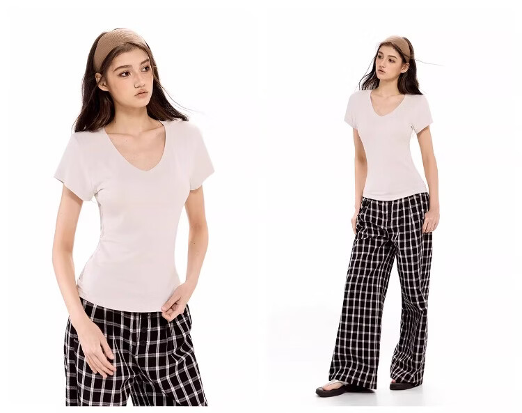 ICH MODE American Vintage Slim Fit V-Neck Cropped Short Sleeve T-Shirt Women Summer New Basic Shoulder Top Dark Purple S 19