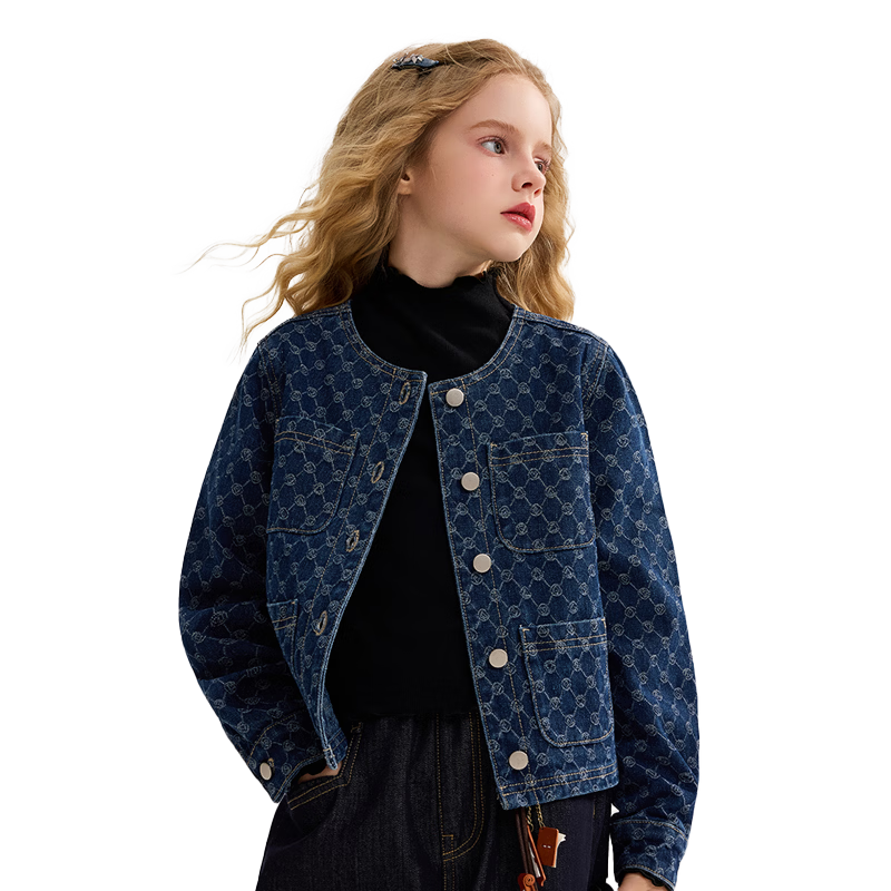 ASK JUNIOR Kids Denim Jacket Spring Girls Vintage Floral Long Sleeve Tweed Top Denim Blue 170