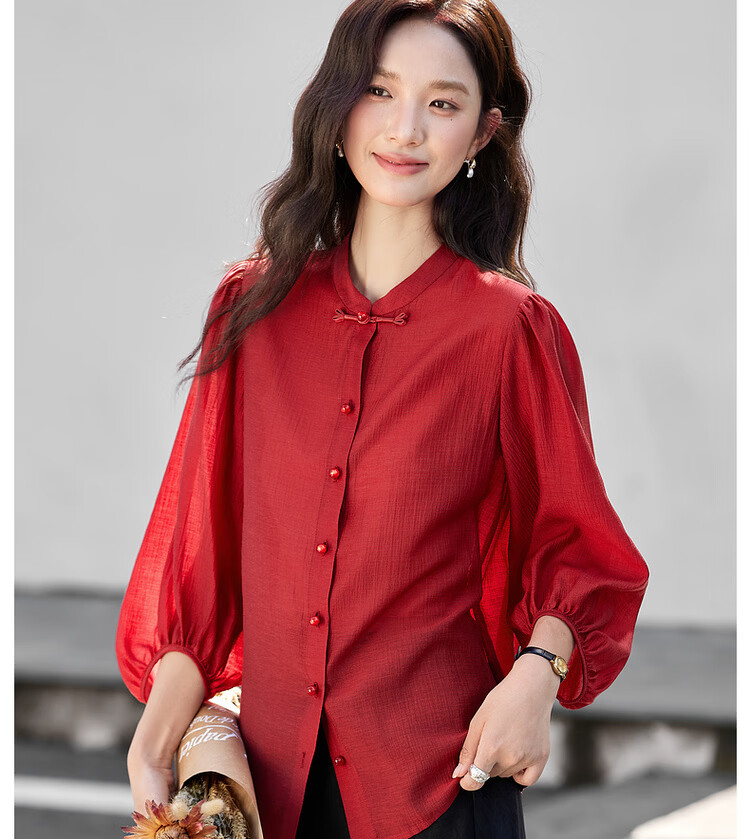 Vimly New Chinese Style National Wind Pleated Round Neck Shirt Women New Flowing Shoulder Jacket Top Peacock Blue XL 14