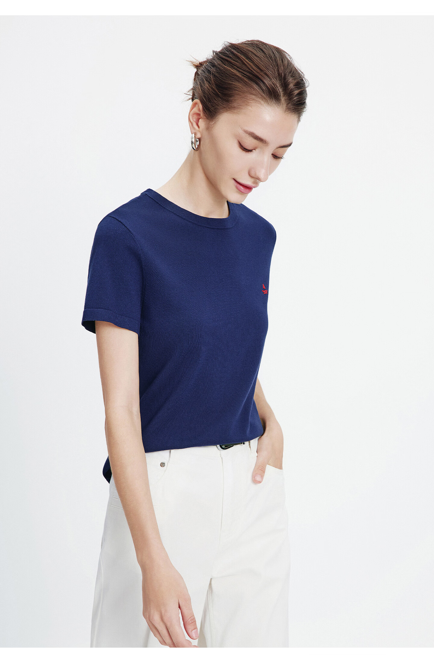 Navigare Small Sailboat Basic Short Sleeve T-Shirt Women 2026 New Round Neck Solid Color Knit Top 2325506507 50
