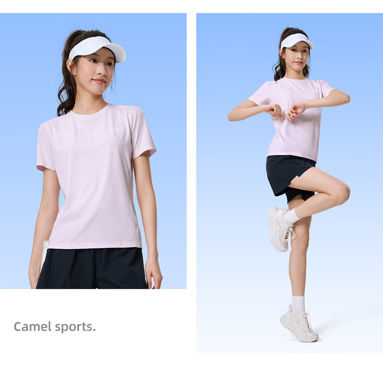 CAMEL Quick-Dry Women's Ice-Feel Sun Protection Crew Neck Short Sleeve Sports T-Shirt C26BARLG053 Morning Smoke Pink L 26