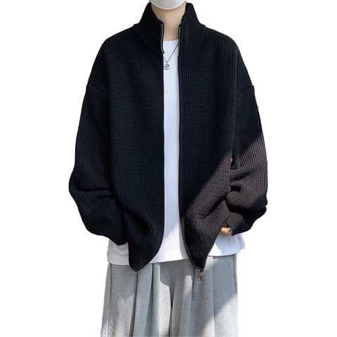 IZEXX Men's Autumn Loose Fit Zip-Up Stand Collar Knit Cardigan Sweater XZ08 Gray XL