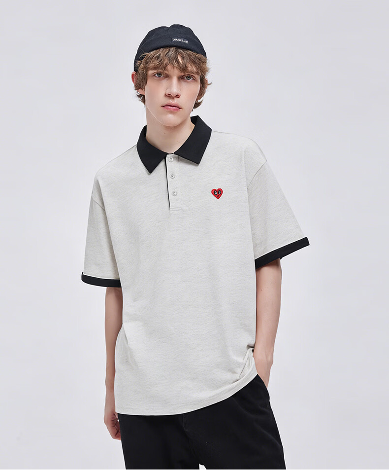 Charles Heart Simple Colorblock Small Heart Couple Casual Cotton Short Sleeve Polo Shirt Unisex Navy Blue XS 5