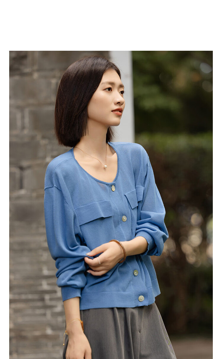 Demana Luxurious Tencel Cardigan Spring Lightweight Round Neck Patch Pocket Long Sleeve Loose Knit Sweater for Women 9