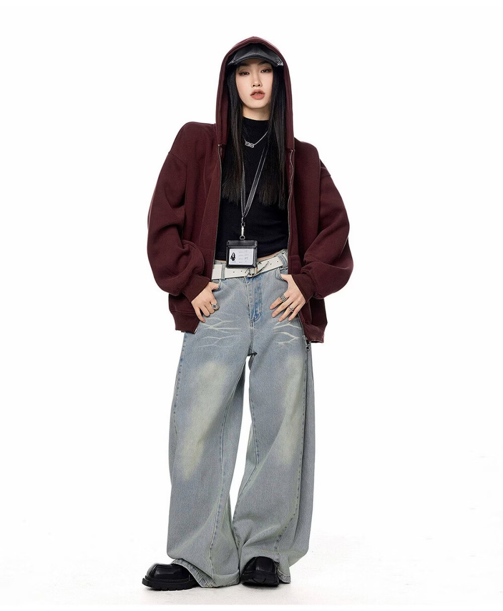 ICH MODE Women's American Style Hoodie Jacket 2026 Spring Autumn New Loose Fit Zip-up Lazy Long Sleeve Top Black S 16