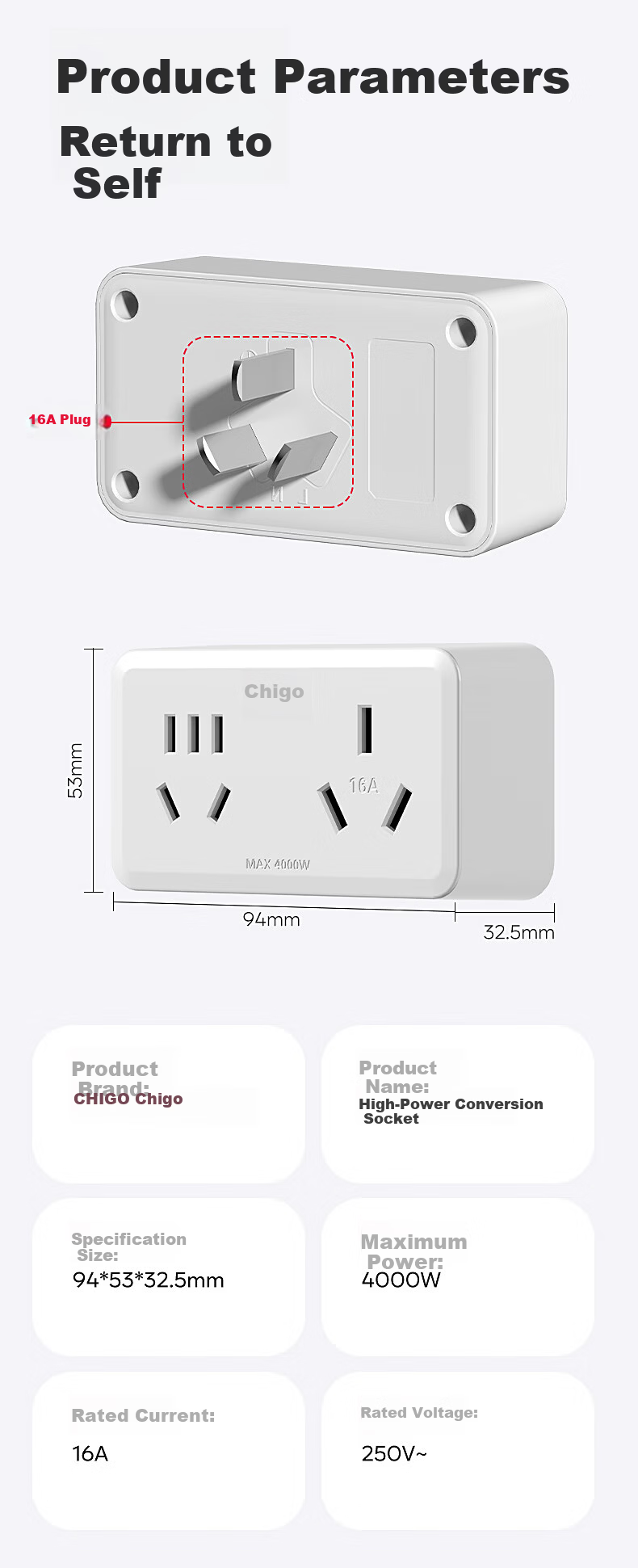 CHIGO 16A to 10A Socket Converter Adapter High Power Air Conditioner Water Heater Dual Wireless Extension 16A to 10A+16A White 7