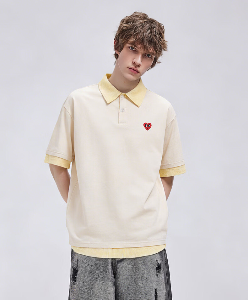 Charles Peach Heart American Style Trendy Fake Two-Piece Small Heart Pure Cotton Couple Casual Short Sleeve Polo Shirt Unisex Light Khaki XS 14