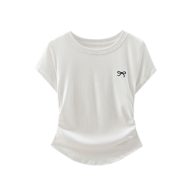 Woodpecker Women's Regular Shoulder Short Sleeve T-Shirt Round Neck Bow Embroidery Summer New Pleated Waist Half Sleeve Top Black XL