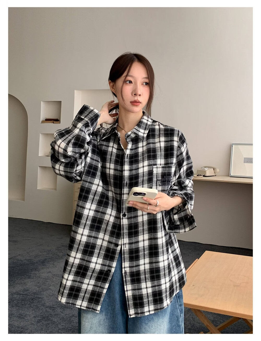 ICH MODE "Jeju Island Breeze" Brushed Plaid Shirt Jacket Women Vintage Check Long Sleeve Korean Style Shirt Blue L 15