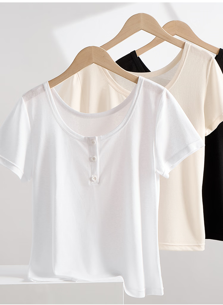 Audifine Women's U-Neck Base Layer T-Shirt Spring Summer Lenzing Tencel Button Short Sleeve Breathable Soft Black XL 2