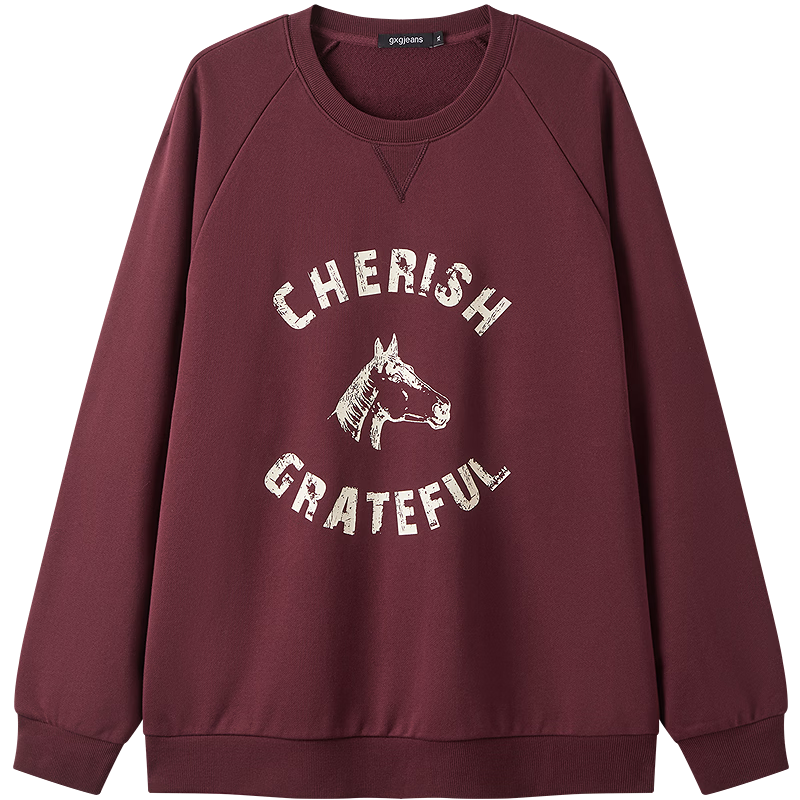 Gxgjeans Men's American Vintage Colorblock Trendy Graphic Loose Fit Crewneck Sweatshirt 26 Spring New Wine Red 170/M