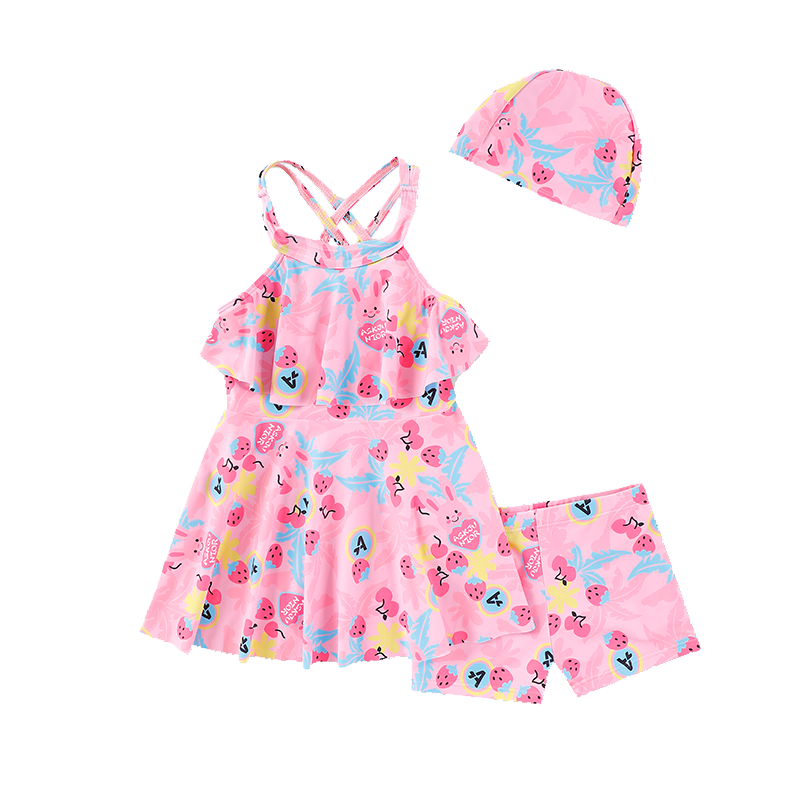 ASK JUNIOR [With Swim Cap] Girls' Swimsuit, Summer Cartoon Print Children's Spaghetti Strap Swim Skirt Two-Piece Swimsuit, Floral Pattern, Size 110
