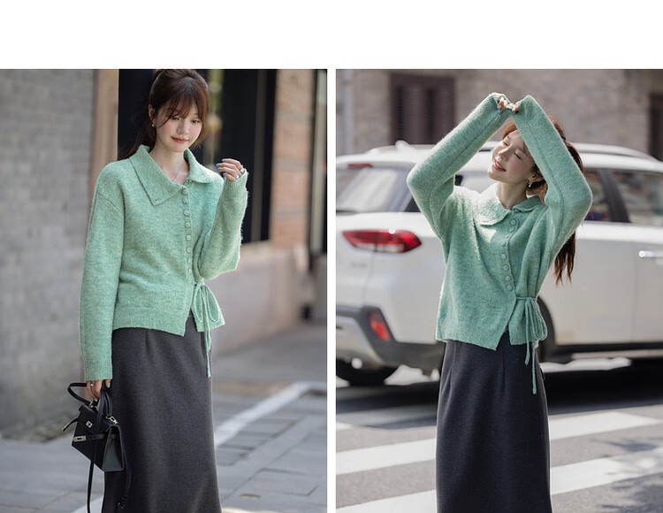MT [Senya Between] Spring Fresh Side Lace-Up Asymmetric Lapel Cardigan Wool Blend Knit Sweater for Women 11