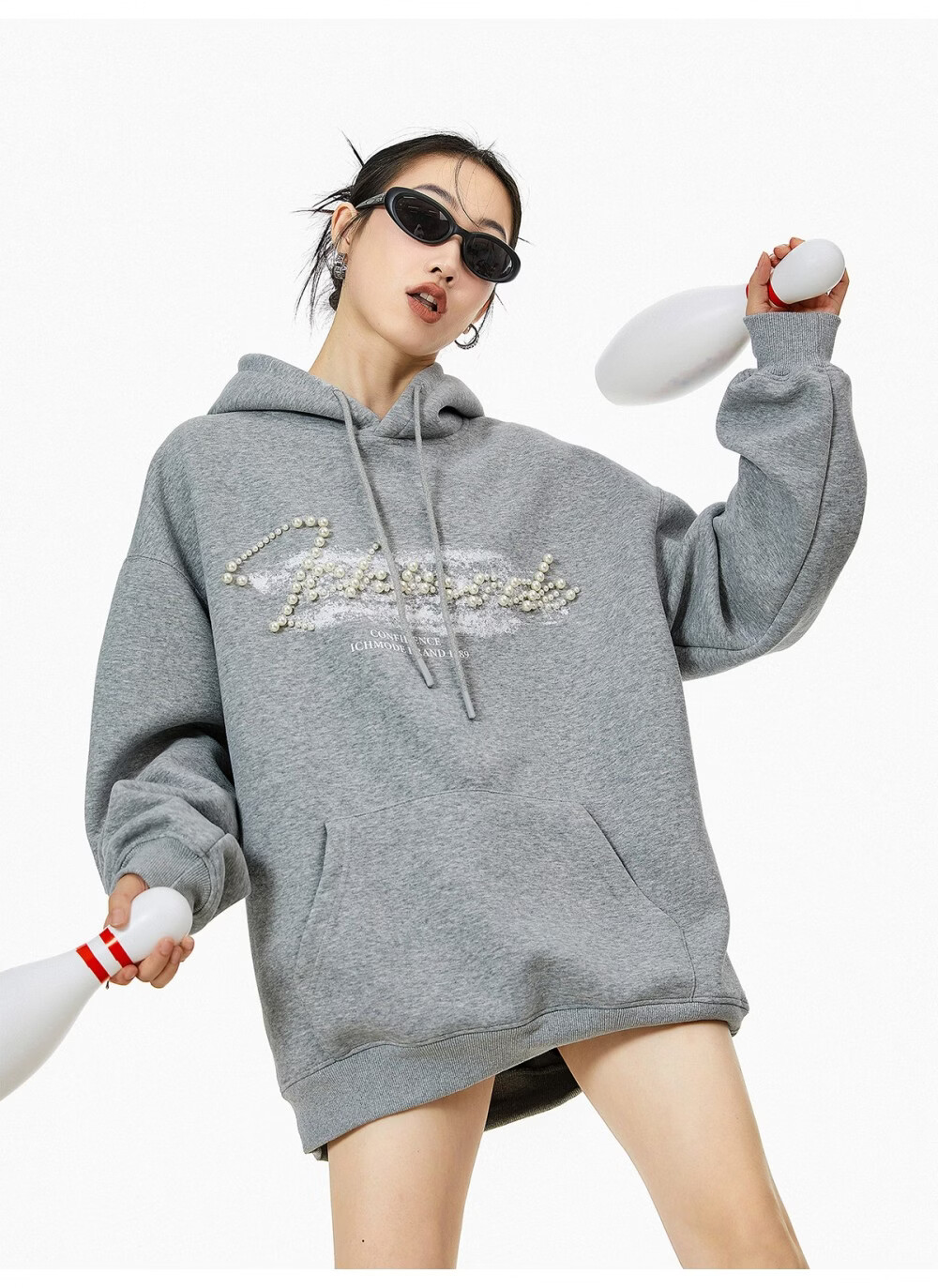 ICH MODE American Style Gray Hoodie Women 2026 Spring New Loose Casual Pullover Jacket White S 25