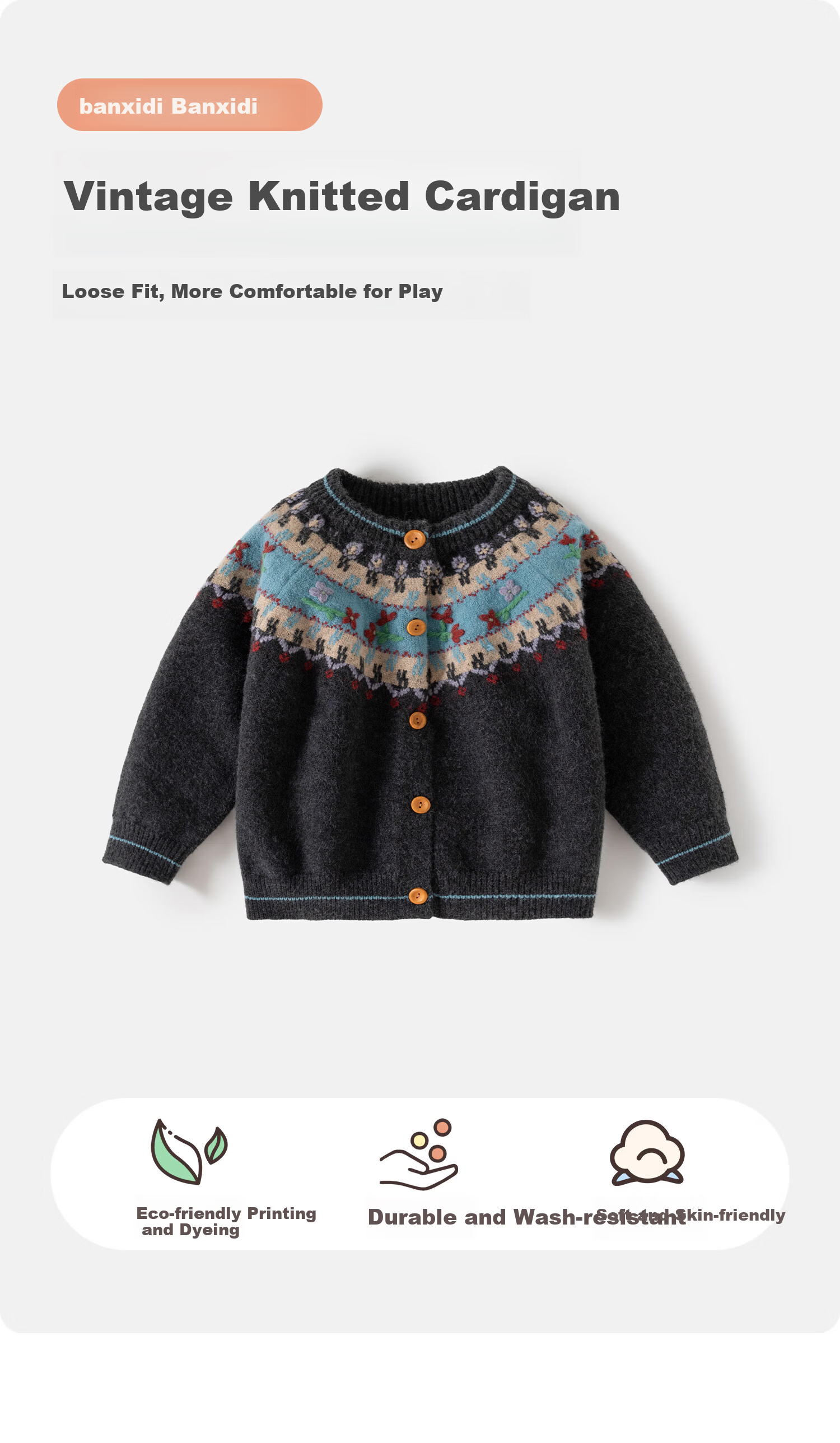 Banxidi Girls Sweater Spring 2026 New Children's Fashion Knitwear Baby Spring and Autumn Wool Cardigan Jacket 1