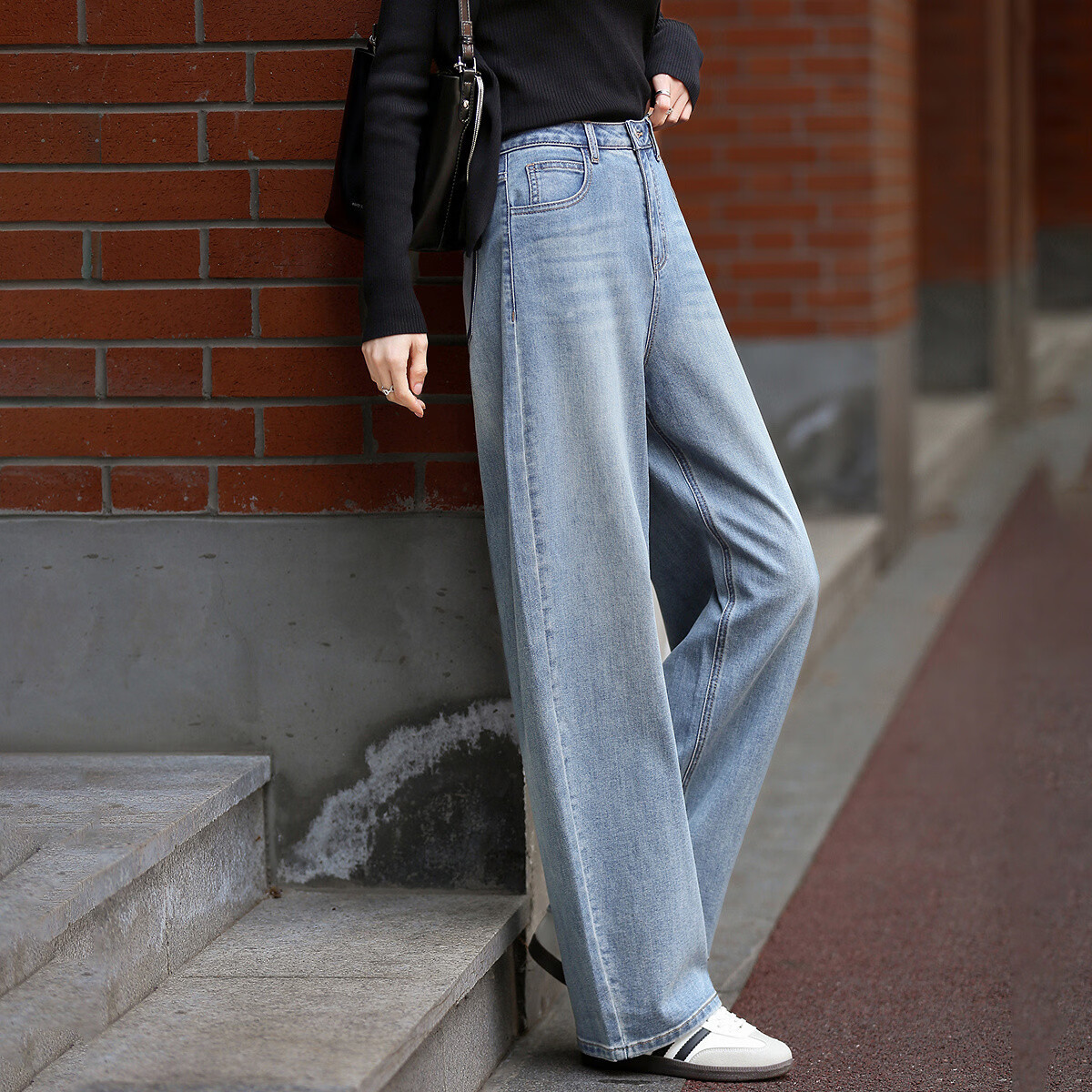 Demana Selected Cloud Cotton Spring Mid-High Waist Leg-Slimming Wide-Leg Curved Hem Petite Women's Jeans