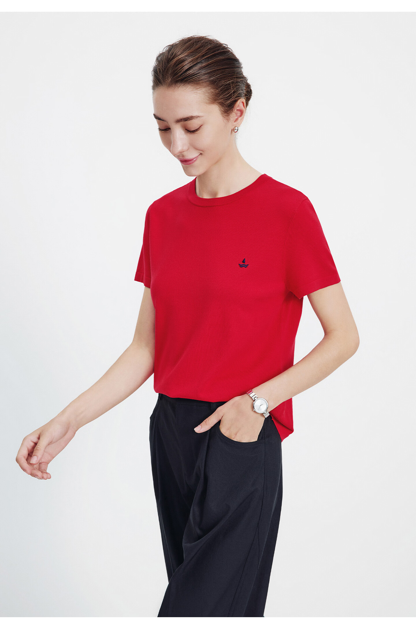 Navigare Small Sailboat Basic Short Sleeve T-Shirt Women 2026 New Round Neck Solid Color Knit Top 2325506507 58