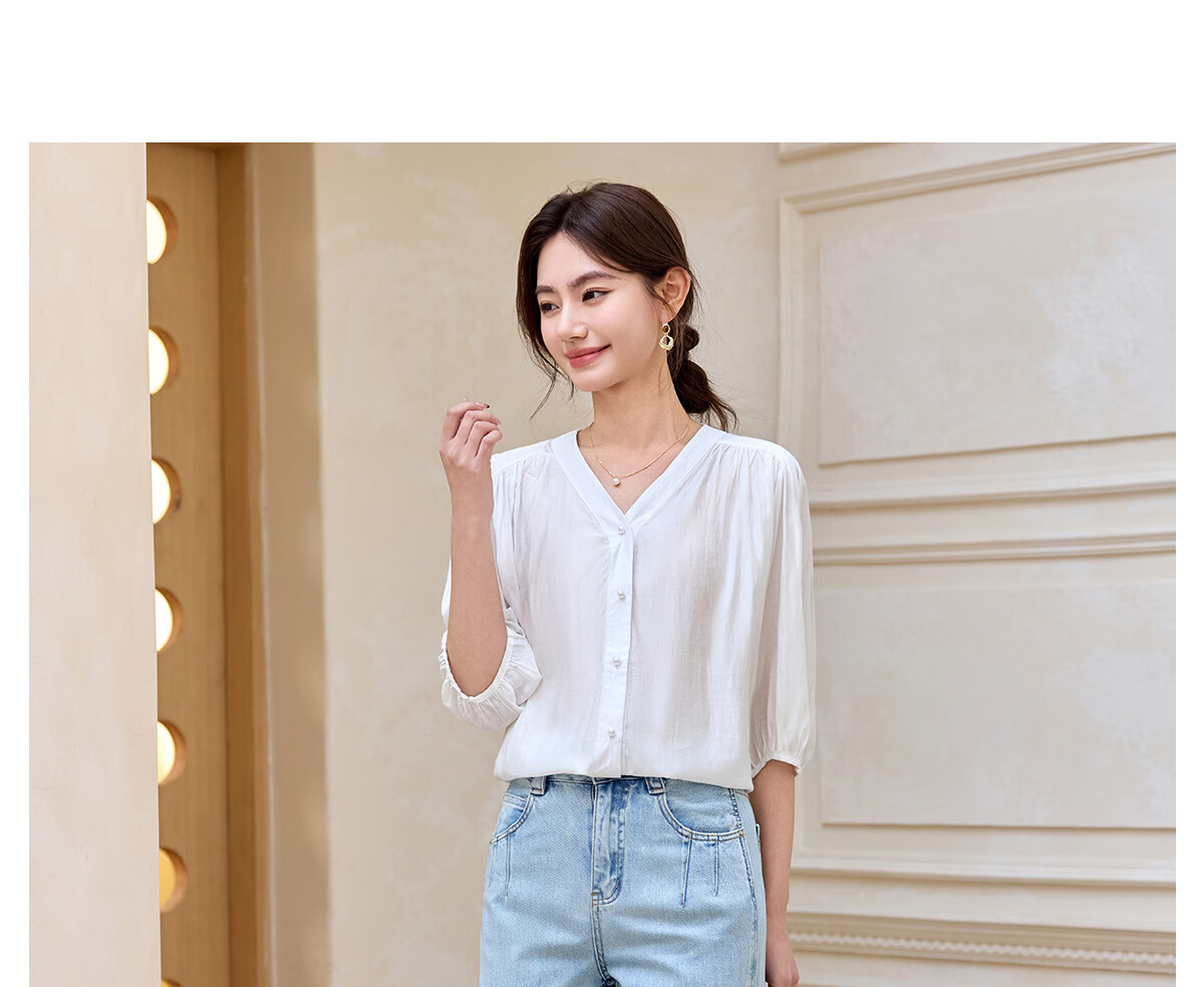 Halo Queen Women's Short Sleeve V-Neck White Shirt Summer Interview Professional Commuter Blouse H52S013 28