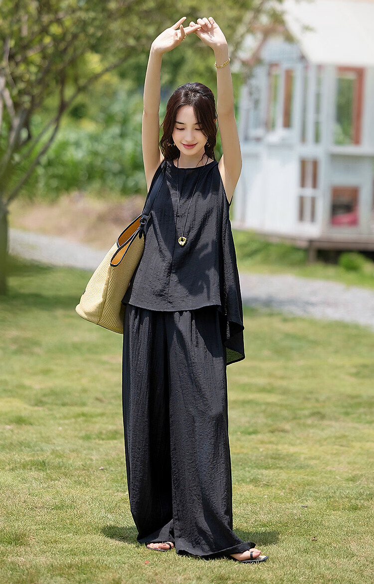 Demana [Simple Heart] Summer Cool Sensation Artistic Style Set Sleeveless Top Elastic Waist Casual Pants Two-Piece Set for Women 21