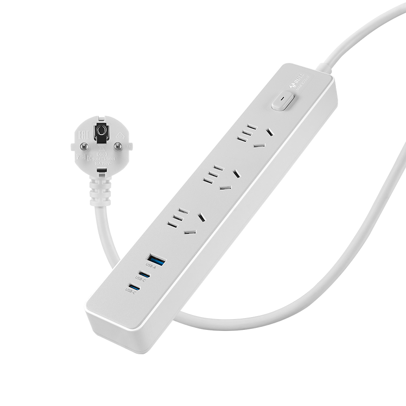 BULL 3-Outlet European Standard Travel Power Strip Adapter with 20W Fast Charging USB Converter and Master Switch for Germany, France, Italy, etc.