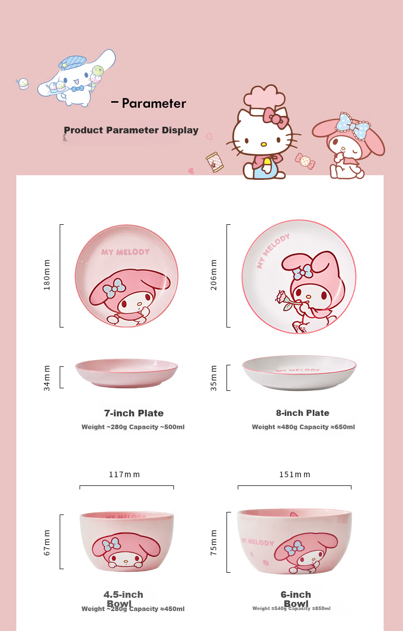 MANCHAOJIA Sanrio Hello Kitty 5-Piece Ceramic Dinnerware Set with Plates and Bowls, Premium Home Tableware Gift Box 5