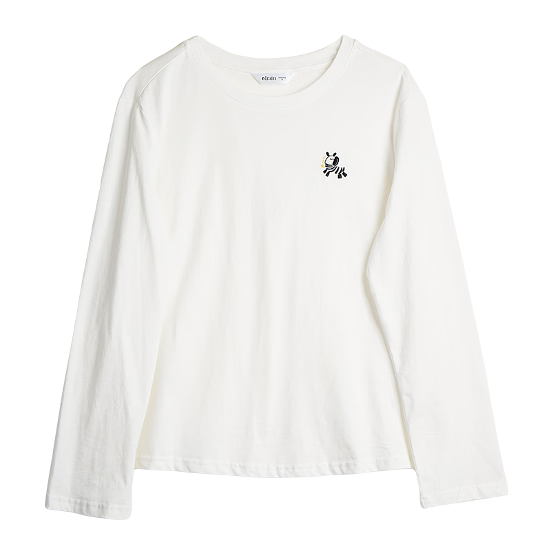 Olrain Simple Color-Block Pony Embroidery Casual Long Sleeve T-Shirt Women Spring Cotton Top Off-White XL