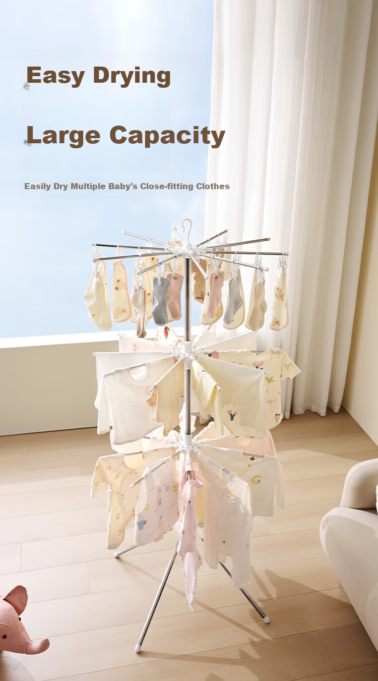JD Jingzao Baby Stainless Steel Floor Clothes Drying Rack Towel and Diaper Hanger Foldable Two-Layer Clothes Rod 3