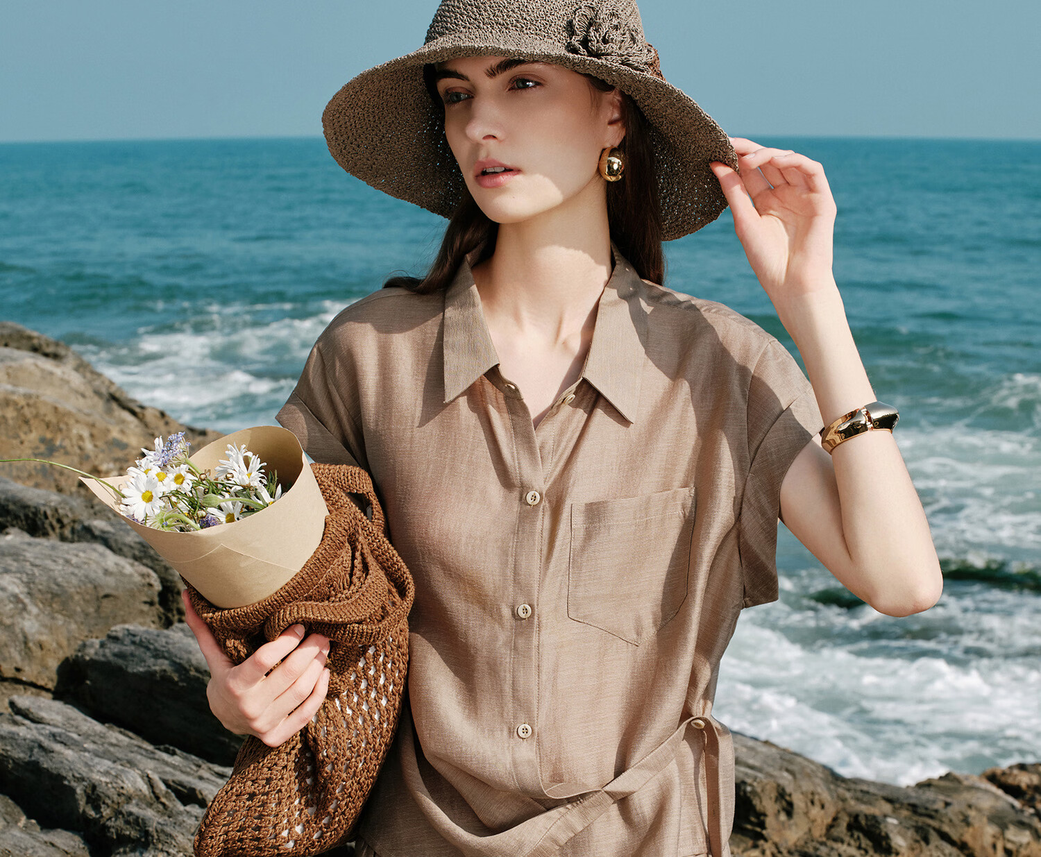 FANCET Women's Hand-Crocheted Straw Hat Spring Summer French Elegant Beach Vacation Floral Foldable Sun Hat 30