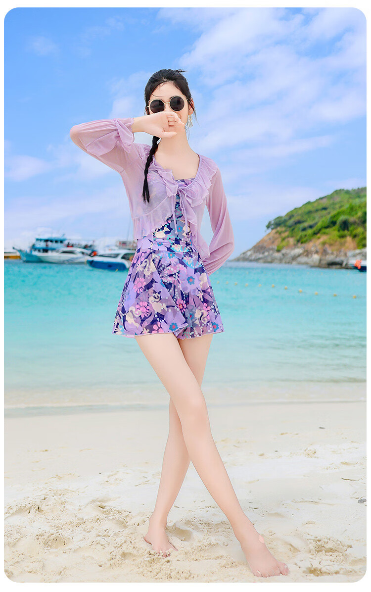 Barbie Women's One-Piece Skirted Swimsuit Conservative Cardigan Plus Size Two-Piece Spa Resort Swimwear 7