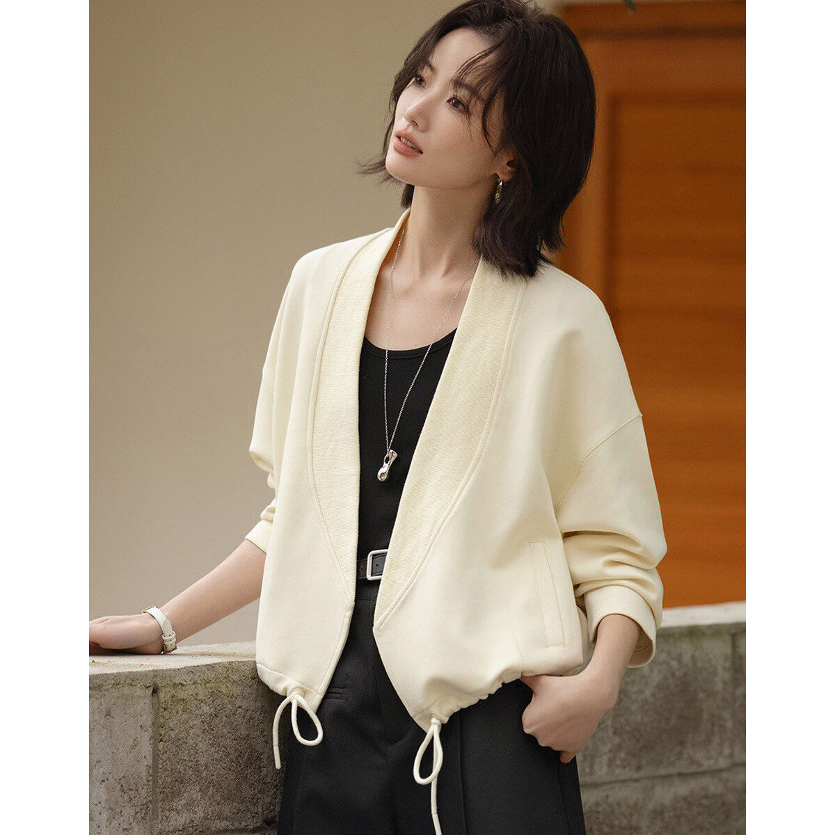 Demana Q-Elastic Air Layer Spring Minimalist Glossy V-Neck Drawstring No-Button Loose Petite Women's Jacket