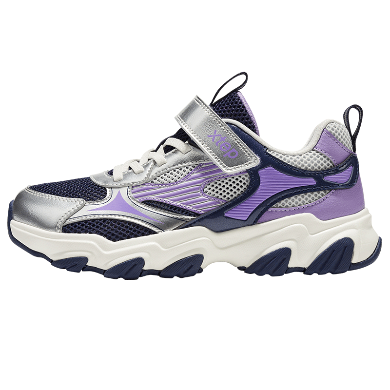 XTEP Youth Star Dad Sneakers for Girls Large Mesh Thick Sole Velcro Casual Shoes Dark Purple/Silver/Wisteria Purple Size 35
