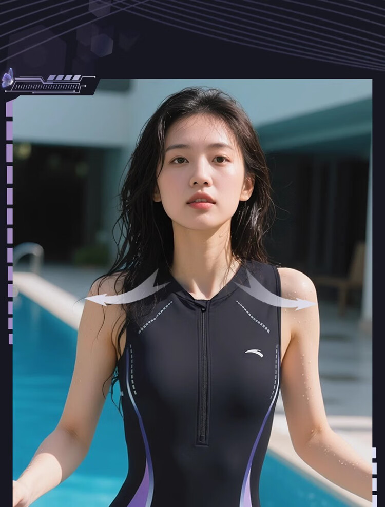 ANTA Slim Waist Women's One-Piece Swimsuit, Triangle Competitive Racing Swimwear, Slimming, Tummy Control, Quick-Dry Swimwear, Black And Silver, XL 9