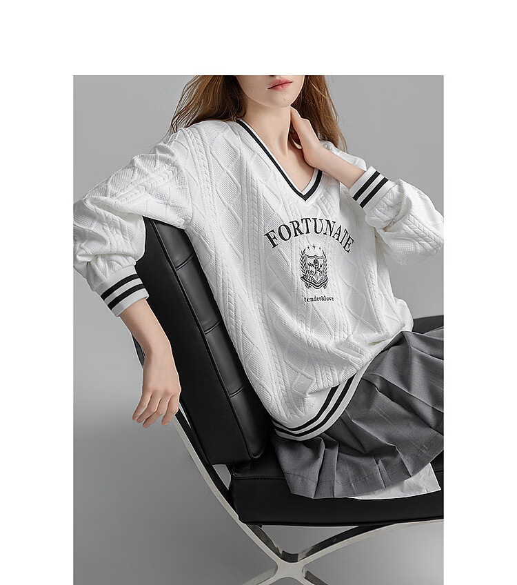 Demana British College Style Spring Autumn New V-Neck Drop Shoulder Long Sleeve Letter Color-Block Embroidered Striped Sweatshirt for Women 14