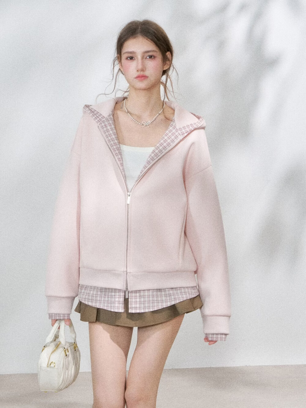 ICH MODE Spotted Light Colorblock Loose Fit Hoodie Women's Sweet College Style Sweatshirt Cardigan White Flower Gray S 9