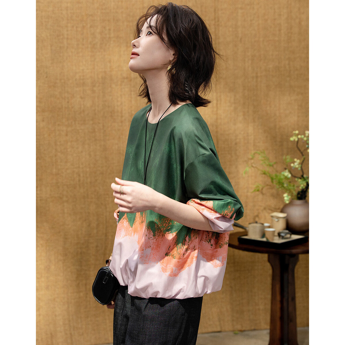 Demana "Poetic Romance" Spring Gradient Placement Dyeing Printed Round Neck Loose Fit Petite Women's Shirt