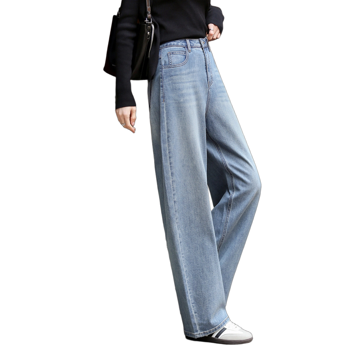 Demana Selected Cloud Cotton Spring Mid-High Waist Leg-Slimming Wide-Leg Curved Hem Petite Women's Jeans