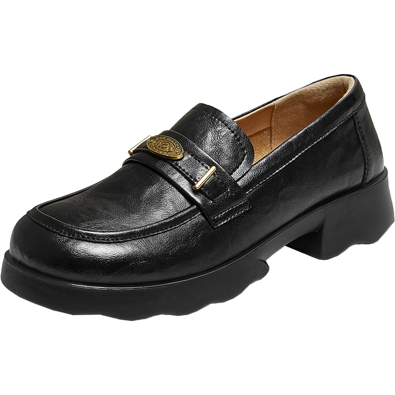 TATA Sixpence Black Loafers Women Thick Sole Genuine Leather Soft Sole JK Shoes AA6 Black 37