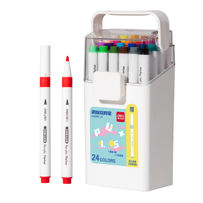 Deli 24+4 Colors Acrylic Markers Cloud Gradient Children's Student Bonus Round Barrel Watercolor Pens Waterproof Hand-painted Gouache Fluorescent Graffiti Art Markers