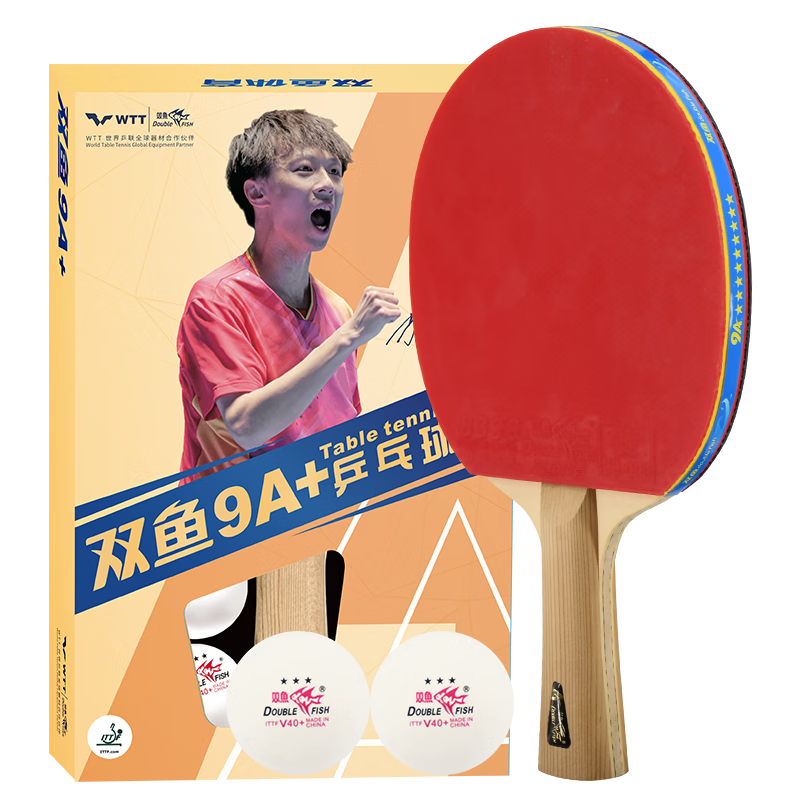 DOUBLE FISH Nine-Star Professional Table Tennis Racket, Competition Carbon Fiber High-Elasticity Table Tennis Paddle, [9A+C with 2 Balls]