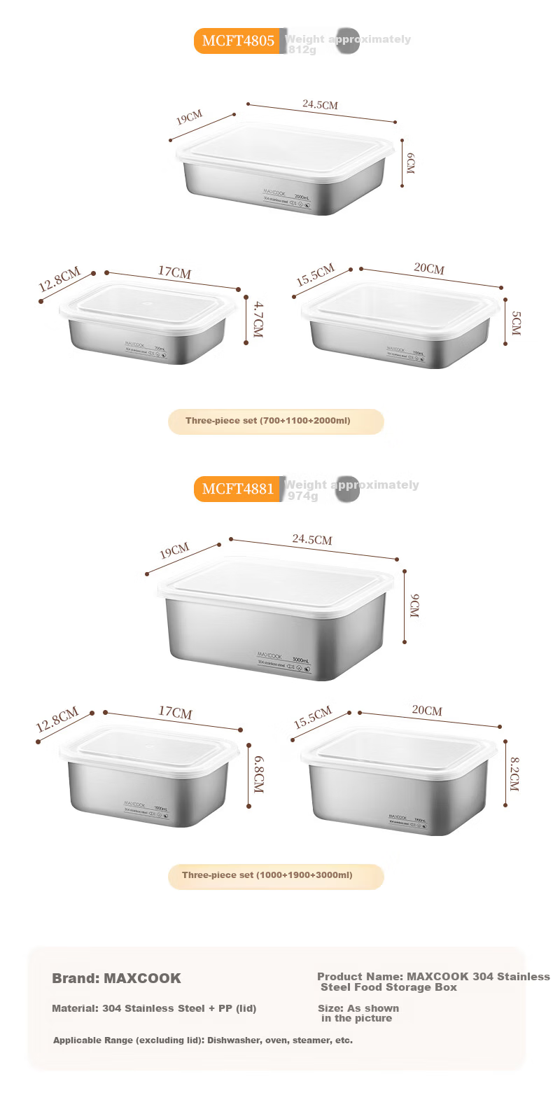 MAXCOOK 304 Stainless Steel Food Storage Containers with Lids, Lunch Boxes, Refrigerator Sealed Storage Boxes, 3-Piece Set MCFT4805 17