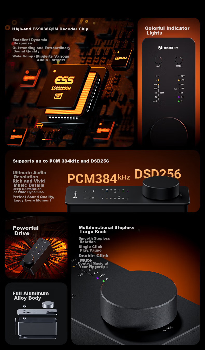 FOSI AUDIO SK02 Desktop Headphone Amplifier and DAC All-in-One High-Fidelity Portable USB Decoder SK02 Orange 3