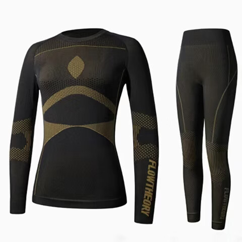 Flow Theory Ski Quick-Dry Clothing Set, Outdoor Snow Protection Thermal Underwear, Hiking Sports Style Autumn Top And Pants, Black Gold, M