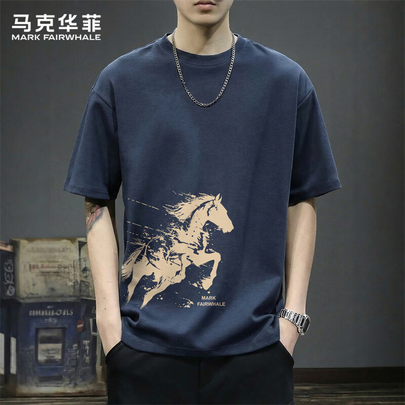 MARK FAIRWHALE Men's Heavyweight Short Sleeve T-Shirt Summer Year of the Horse Limited Edition New Year Cotton Trendy Navy Blue S