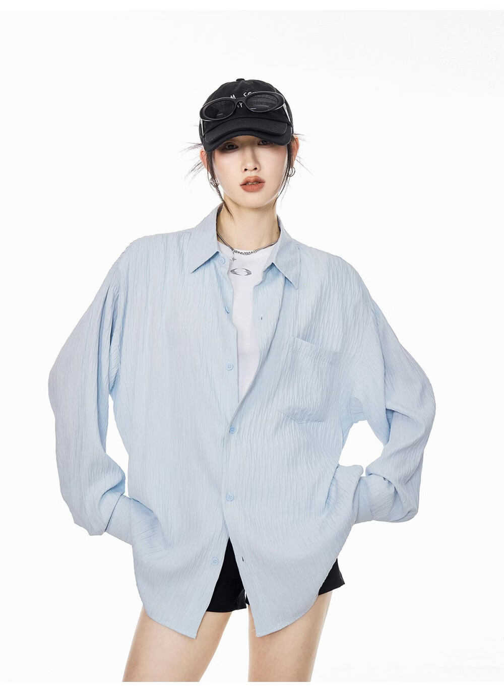 ICH MODE American Texture Physical Sunscreen Long Sleeve Shirt Women 2026 New Summer Premium Shirt Light Blue S 1