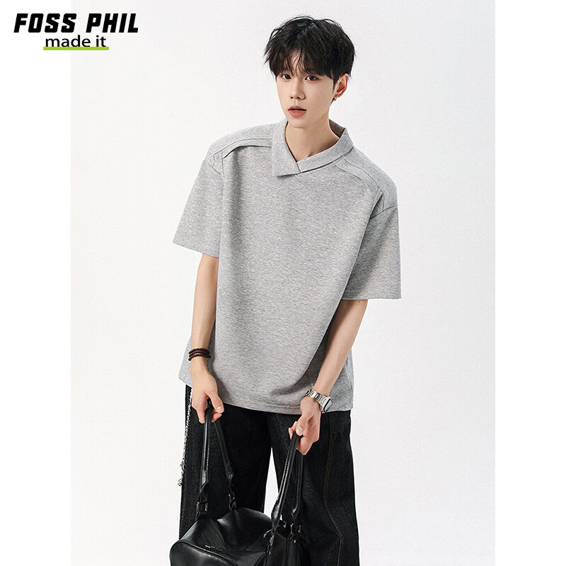 Foss Phil Premium Deconstructed Collar T-Shirt Men Summer Irregular Design Polo Shirt Short Sleeve DT54401 Light Gray XL
