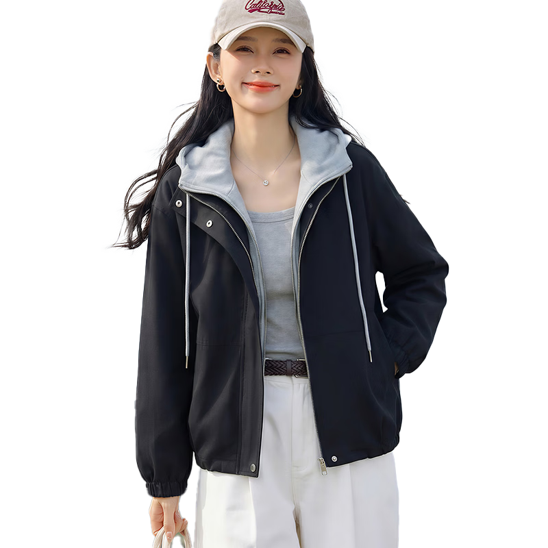 Chushen Women's Spring and Autumn Short Jacket Hooded Two-Piece Colorblock Loose Casual Jacket S61D115