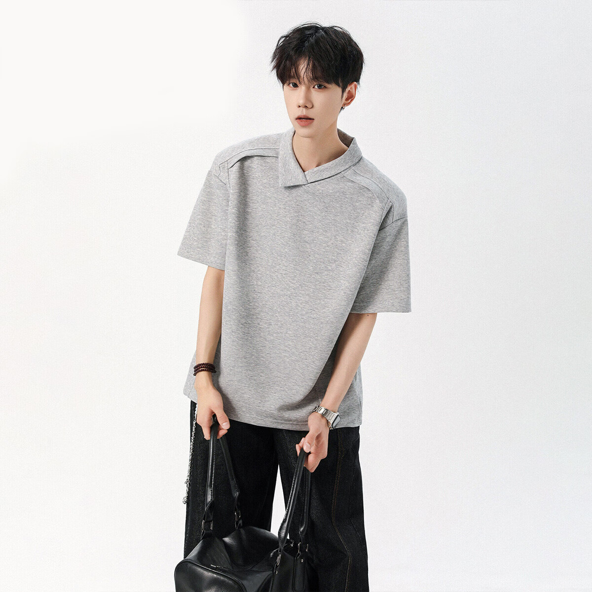 Foss Phil Premium Deconstructed Collar T-Shirt Men Summer Irregular Design Polo Shirt Short Sleeve DT54401 Light Gray XL 1