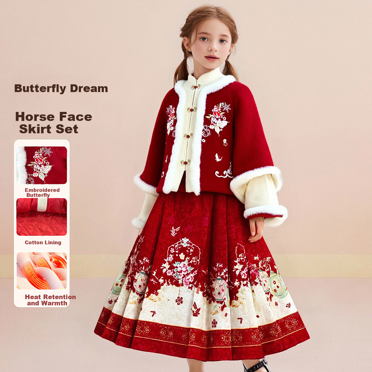 Octmami Girls' Chinese New Year Hanfu Thickened Large Kids Ma Mian Skirt Children's Warm Dress Set China Red 120